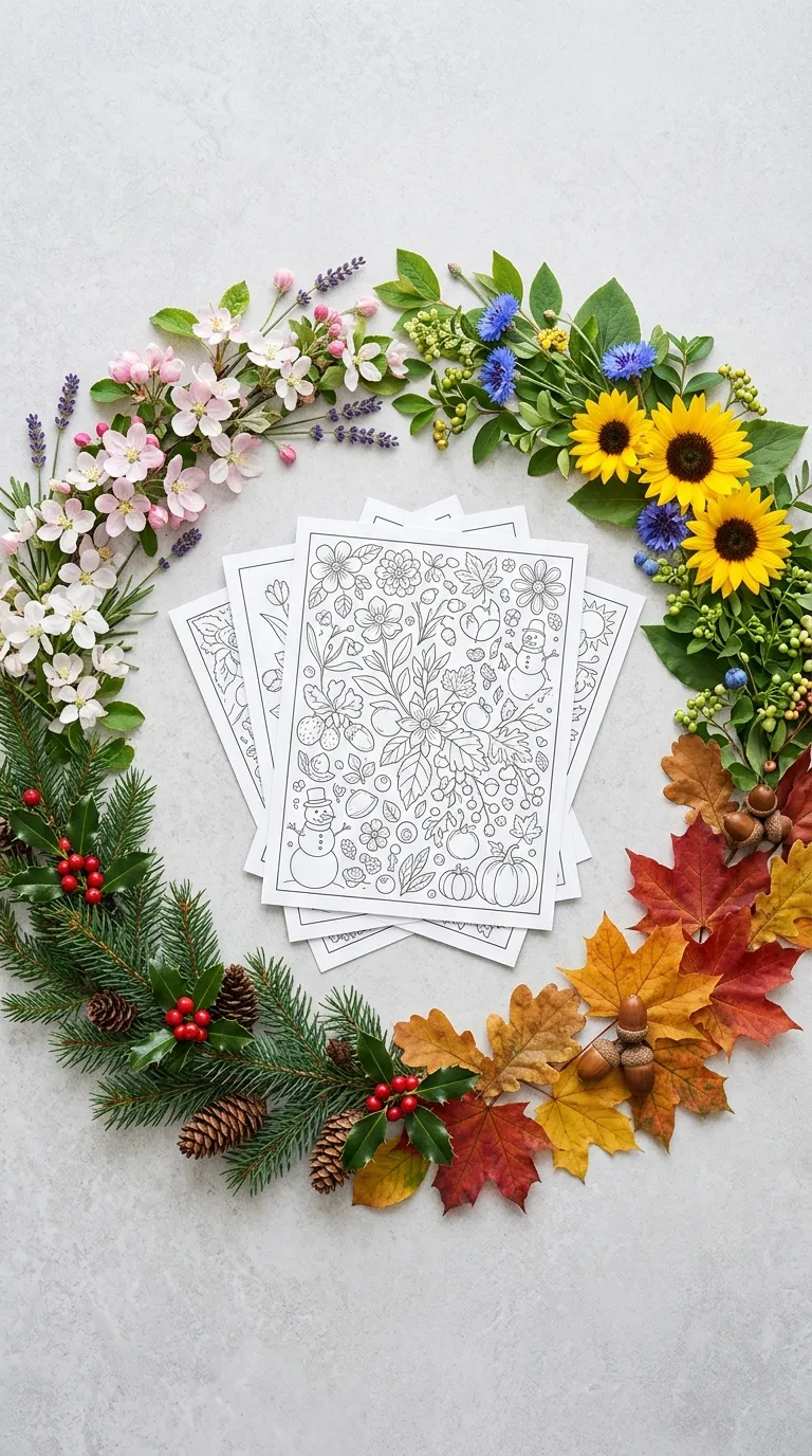 Family coloring holiday-themed pages together at a festive table