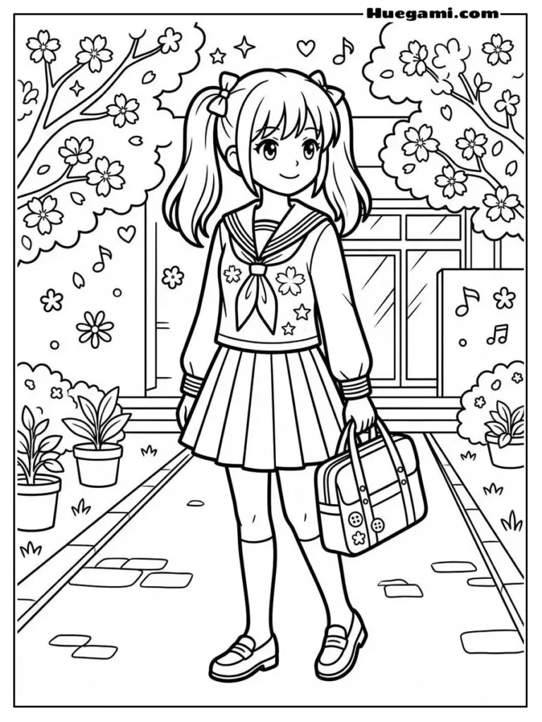 Anime School Girl Sailor Uniform Outline