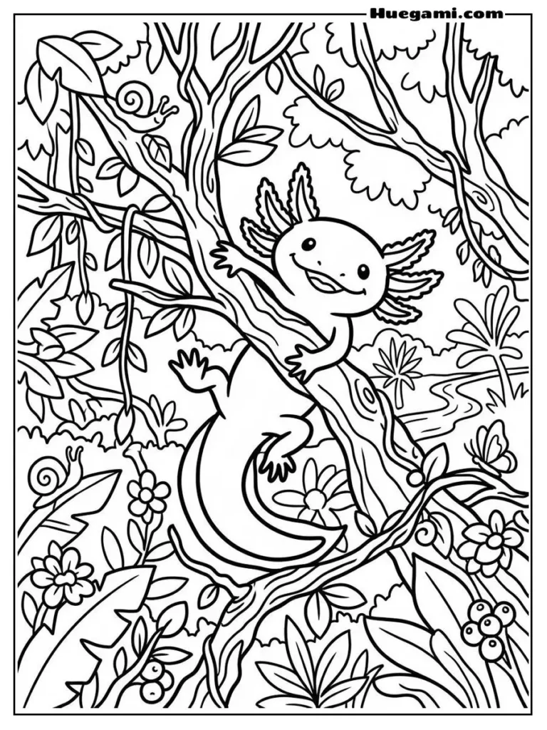 Axolotl Climbing A Tree Branch Playfully Busy Composition