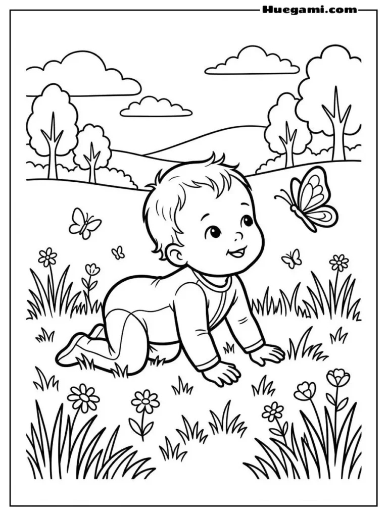 Baby Crawling Outdoors With Butterfly