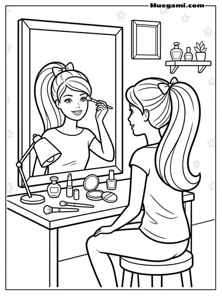 Barbie Applying Makeup In Front Of A Mirror Illustration