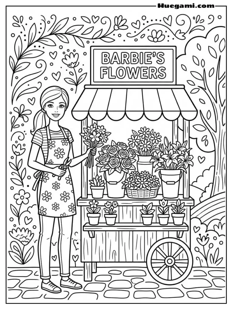 Barbie Florist Standing Next To A Flower Shop Illustration