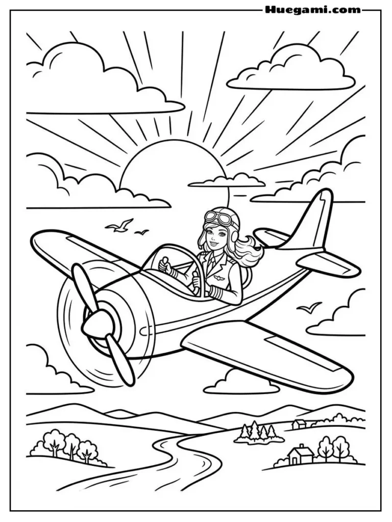 Barbie Pilot Flying A Plane In The Sky Illustration