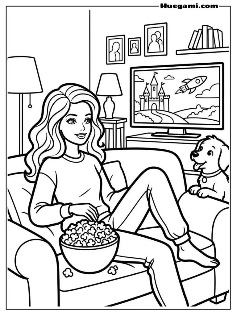 Barbie Watching A Movie At Home With Popcorn Illustration