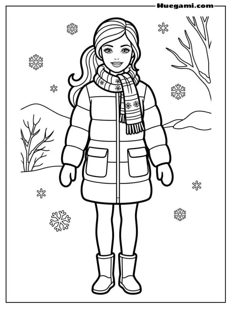 Barbie Wearing A Winter Coat And Scarf Illustration