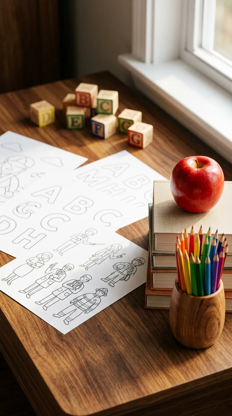 Child coloring an educational worksheet at a school desk
