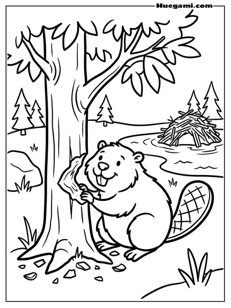 Beaver Gnawing On Tree Trunk