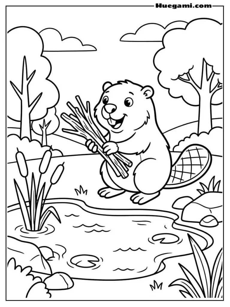Beaver Holding Sticks Near A Pond