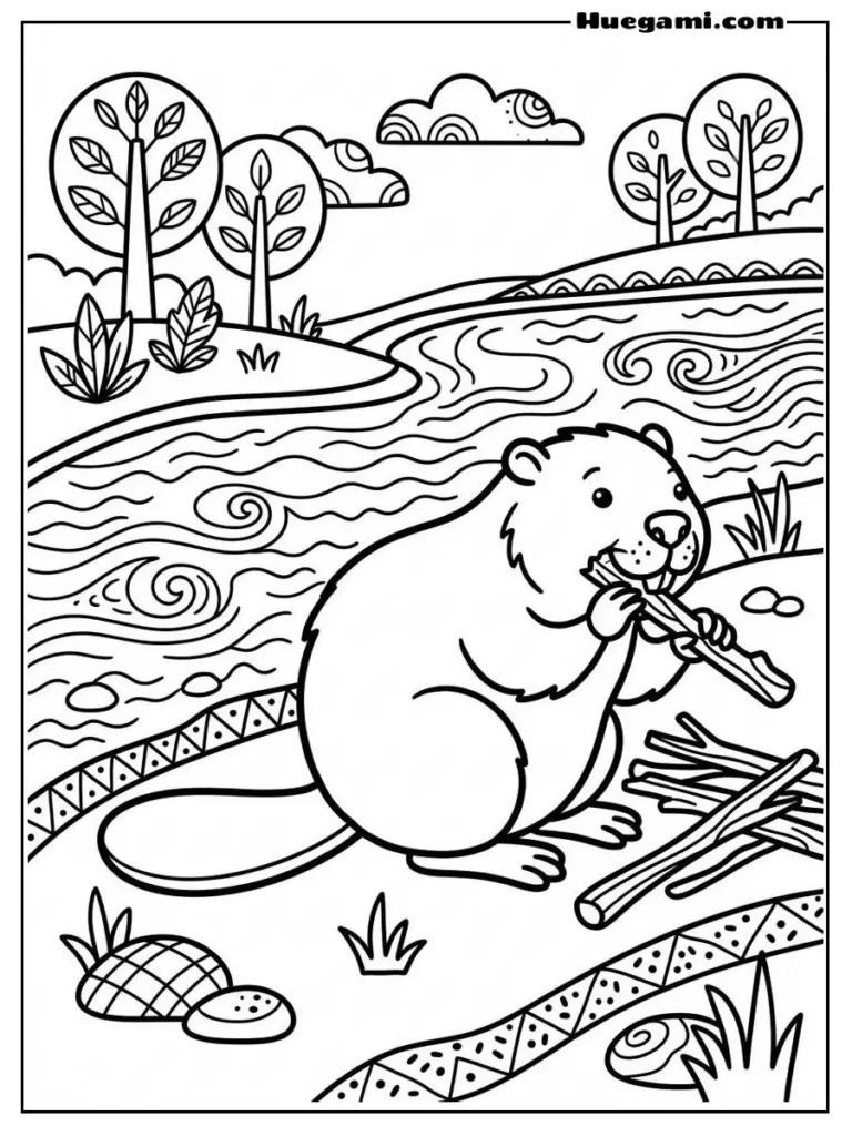 Beaver Near A Riverbank Chewing