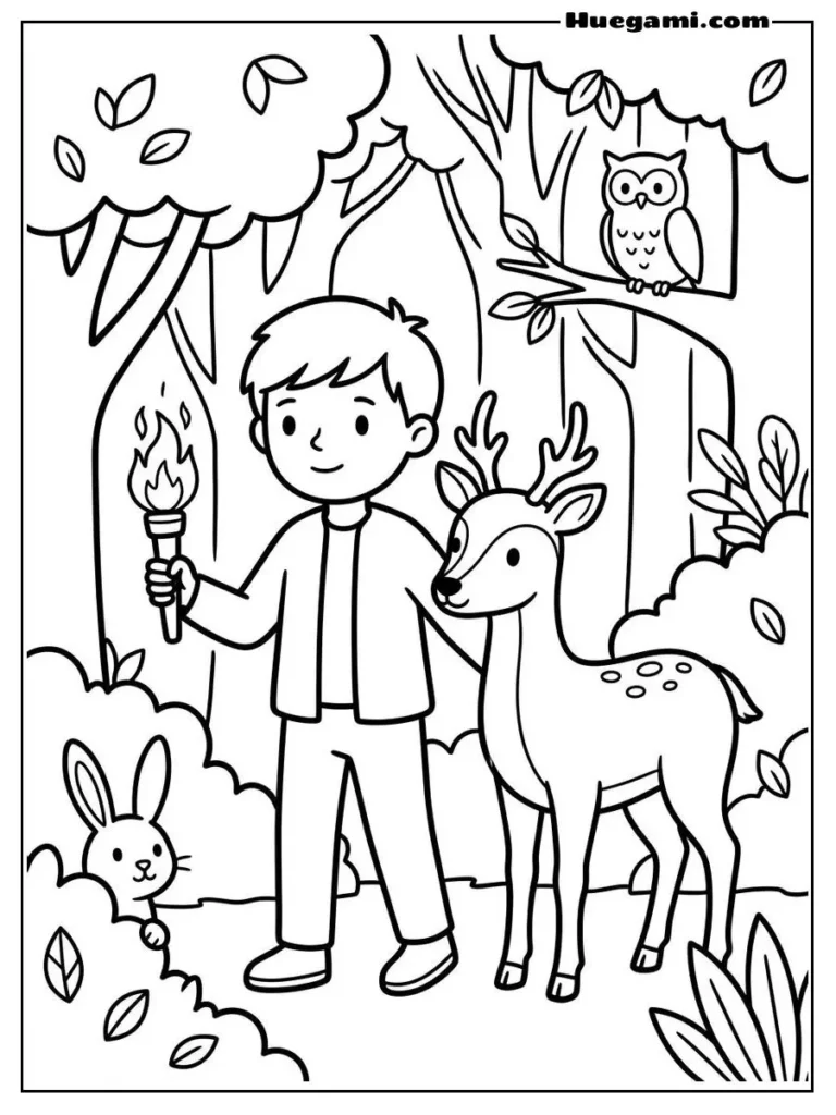 Boy And Deer In Forest Light Illustration 1