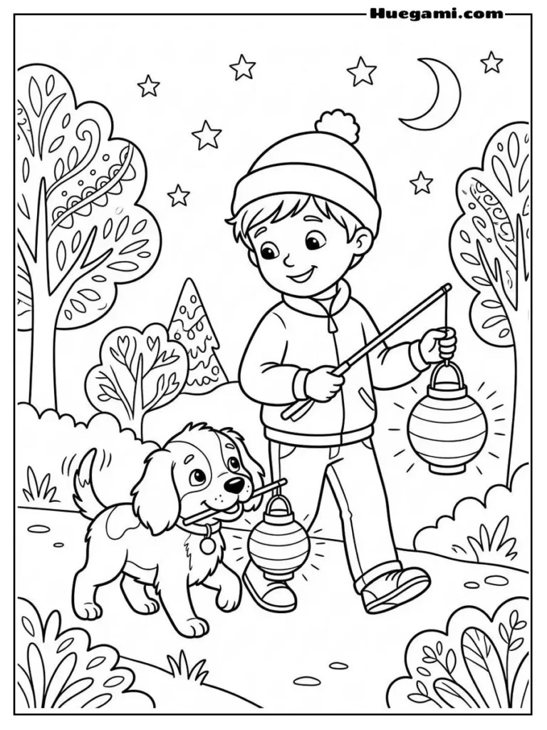 Boy And Puppy Lantern Walk Illustration 1