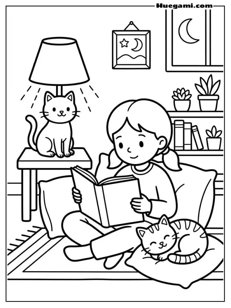 Girl Reading With Cat Lamp Illustration 1
