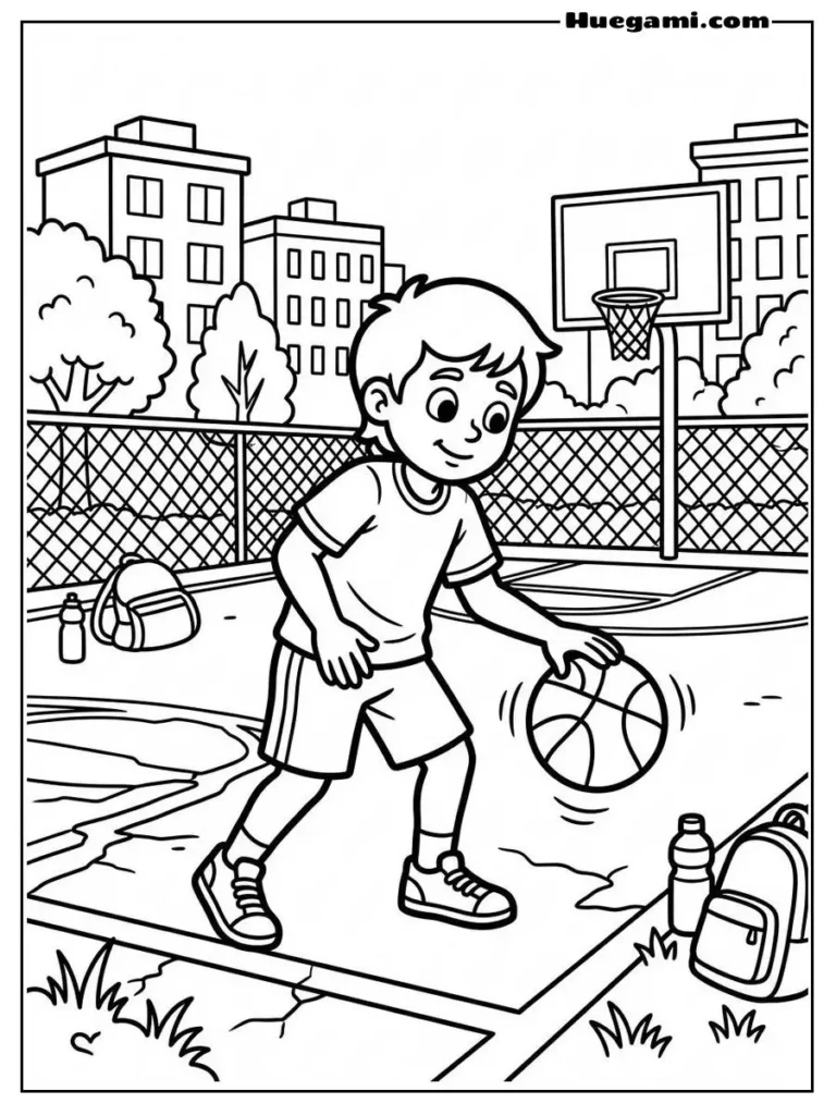 Kid Dribbling Basketball On Court