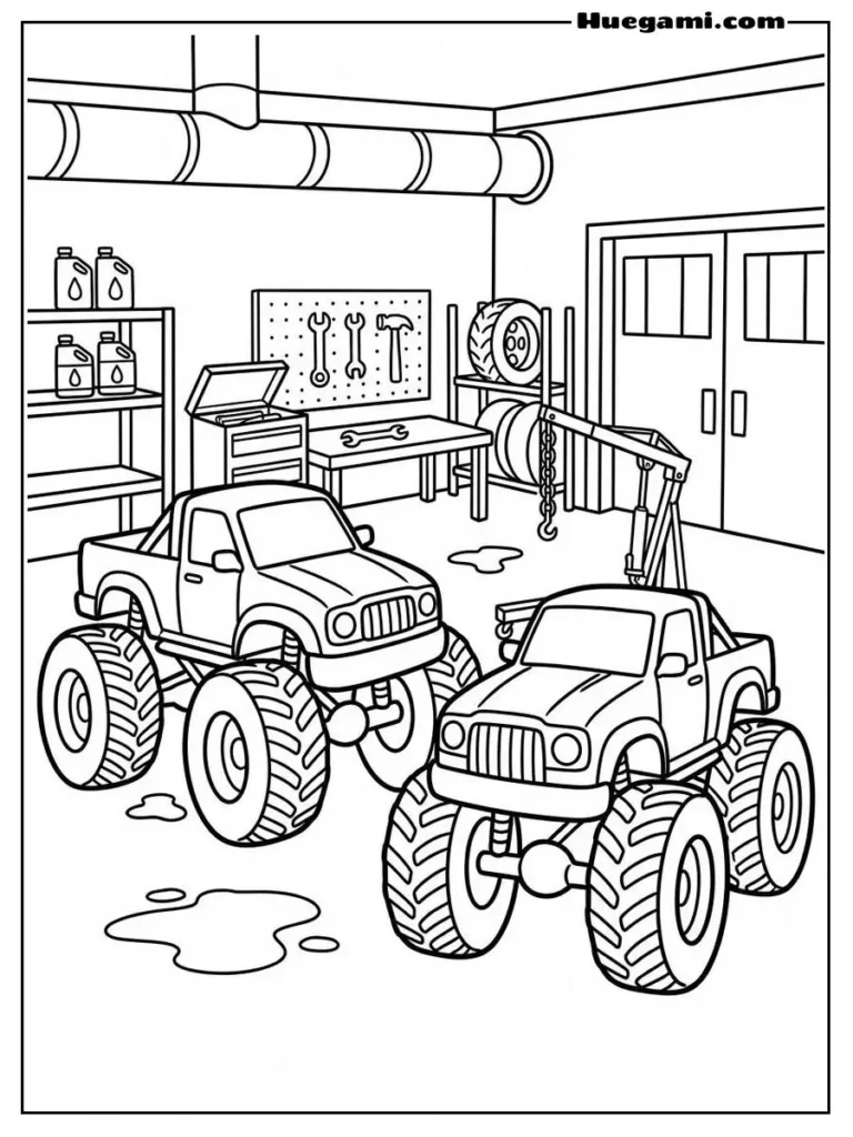 Monster Trucks Inside A Garage