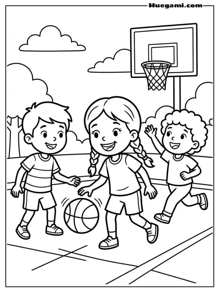 Three Happy Kids Playing Basketball Outdoors