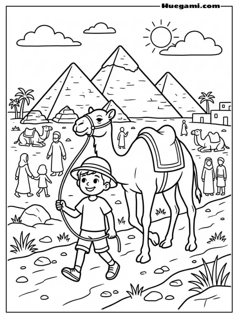 Camel Coloring Sheets: Free Printables for All Ages 9 Boy Leading Camel Through Pyramids