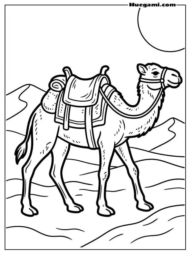 Camel Coloring Sheets: Free Printables for All Ages 7 Camel With Saddle Walking Across Desert