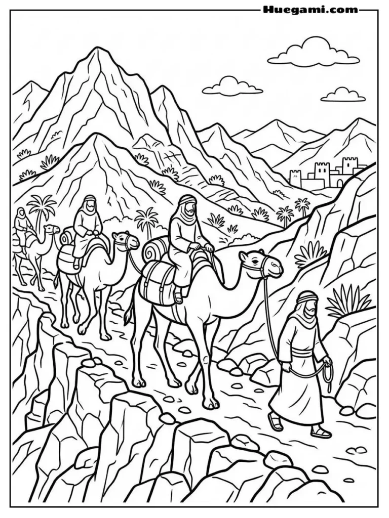 Camel Coloring Sheets: Free Printables for All Ages 11 Camels With Travelers On Rocky Path