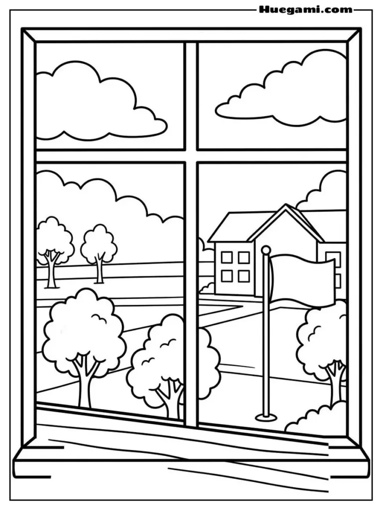 Free Printable Back To School Coloring Sheets for Kids 32 Classroom Window View Illustration