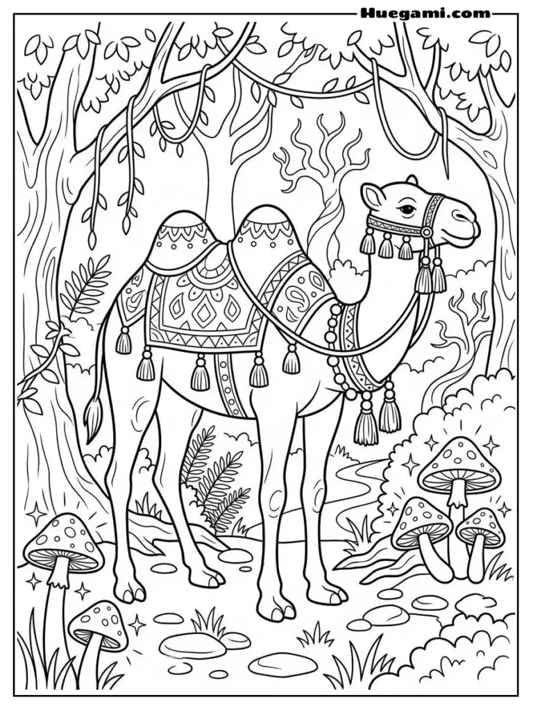 Camel Coloring Sheets: Free Printables for All Ages 3 Decorated Camel Standing In Forest