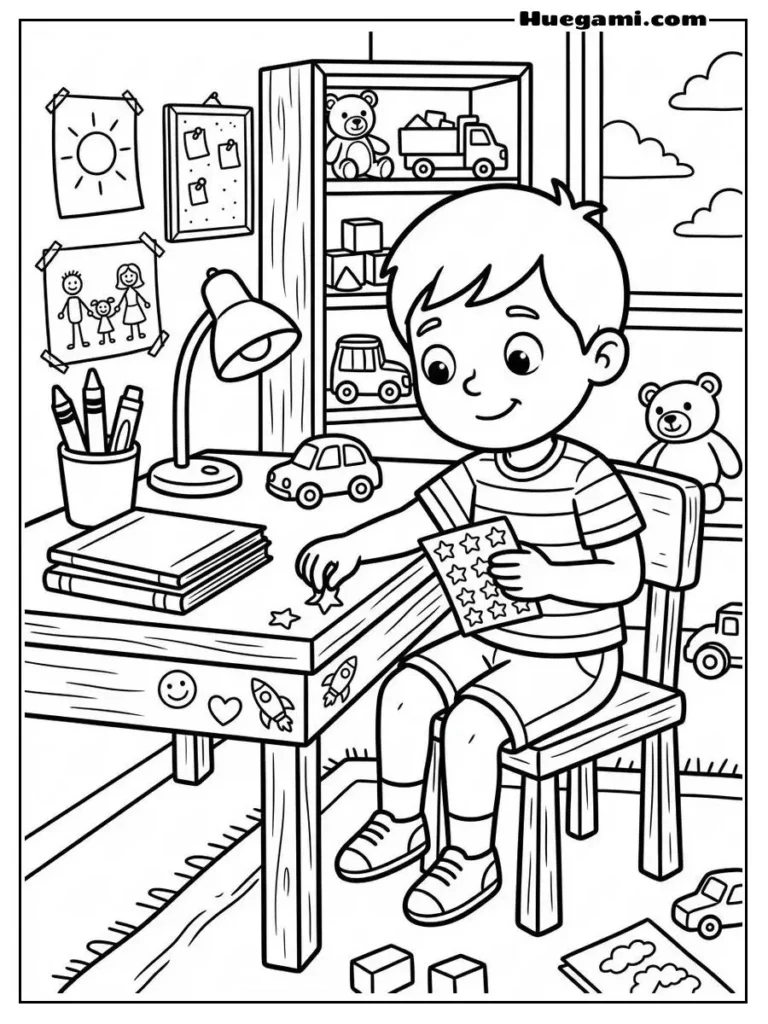 Free Printable Back To School Coloring Sheets for Kids 28 Decorating The Desk Illustration