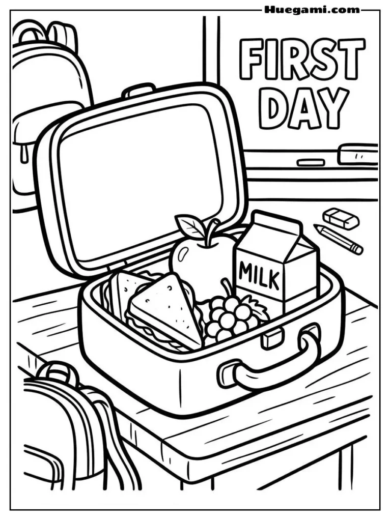Free Printable Back To School Coloring Sheets for Kids 2 First Day Lunchbox Illustration