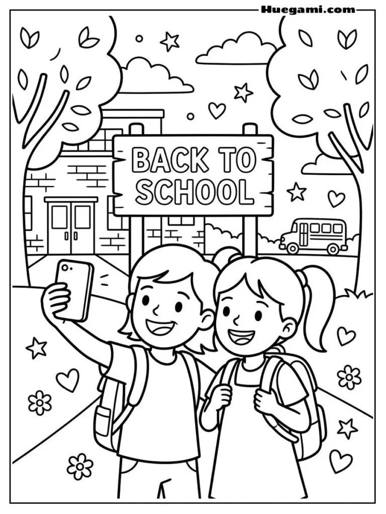 Free Printable Back To School Coloring Sheets for Kids 34 First Day Selfie Illustration