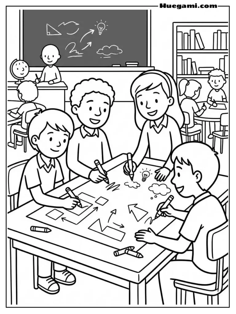 Free Printable Back To School Coloring Sheets for Kids 6 Group Project Kickoff Illustration