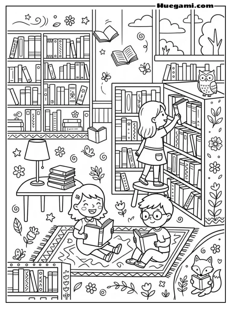Free Printable Back To School Coloring Sheets for Kids 33 Library Time Illustration