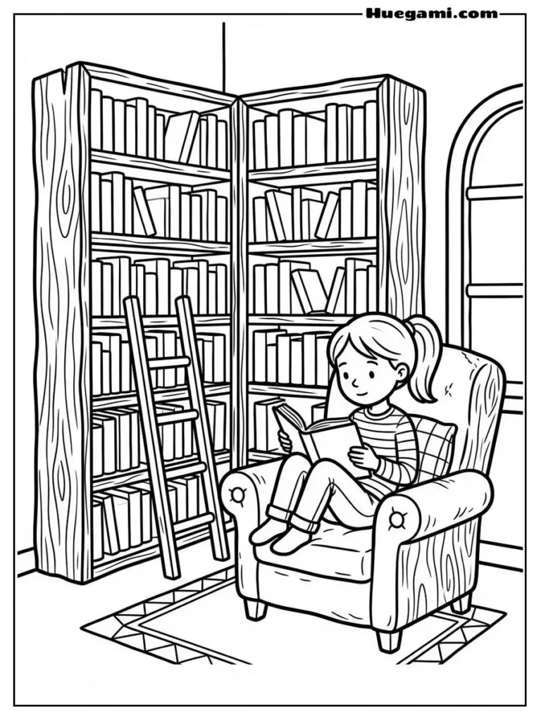 Free Printable Back To School Coloring Sheets for Kids 5 Quiet Library Moment Illustration