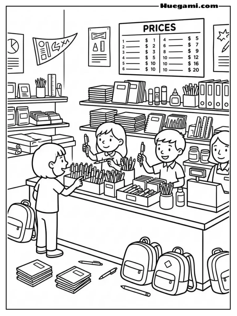 Free Printable Back To School Coloring Sheets for Kids 17 School Supplies Market Illustration