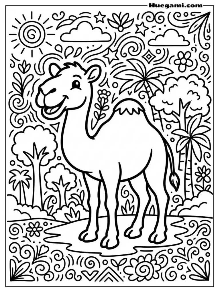 Camel Coloring Sheets: Free Printables for All Ages 4 Smiling Camel With Trees