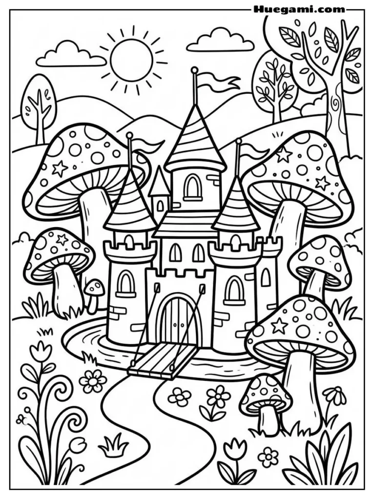 Printable Castle Coloring Sheets Kids Will Love 36 A Castle With Giant Mushrooms Illustration