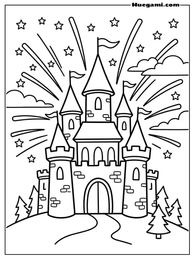 Printable Castle Coloring Sheets Kids Will Love 26 A Castle With Stars And Magical Rays Of Light Illustration