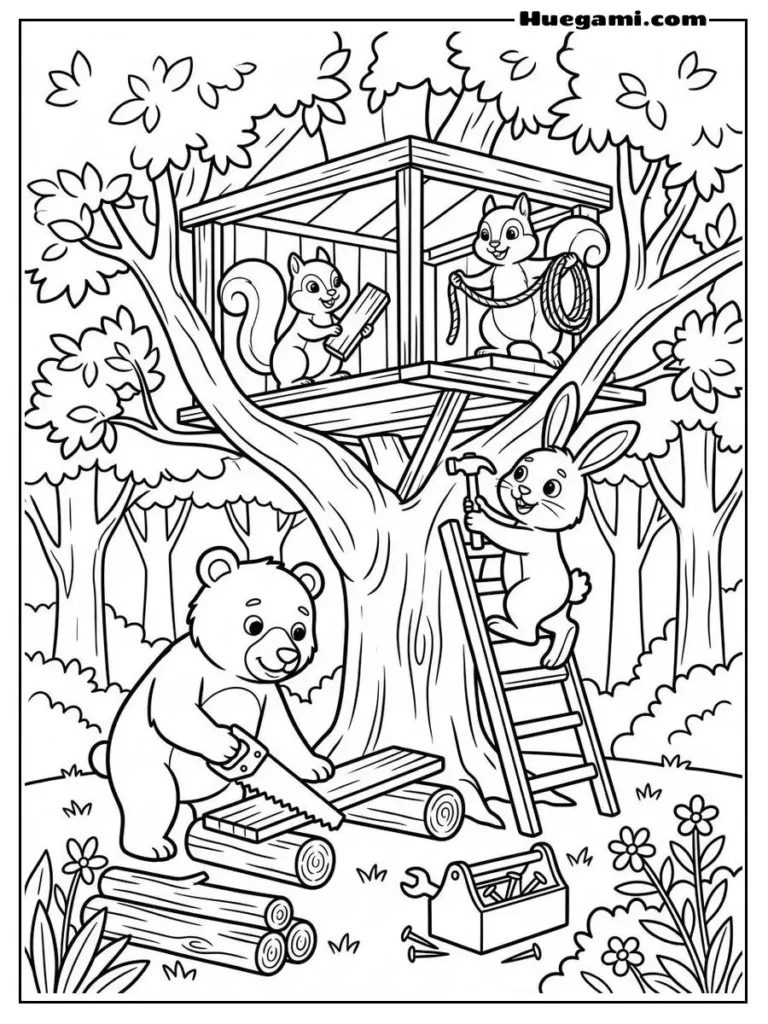Animal Friends Building A Treehouse Illustration