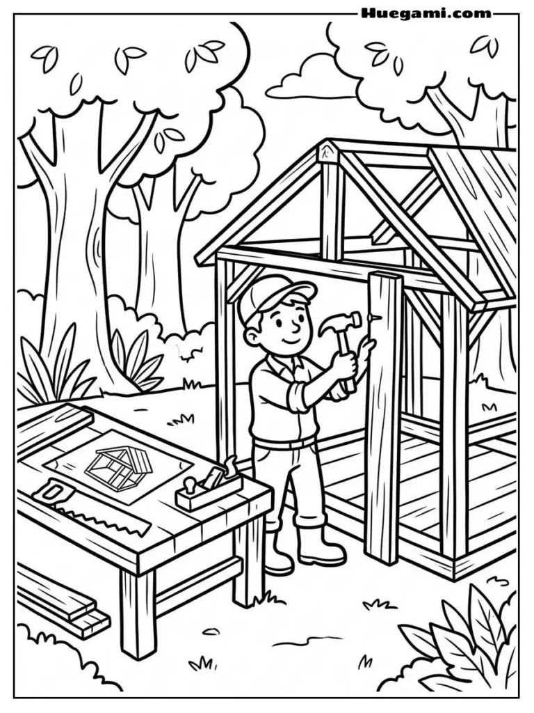 Carpenter Assembling Wooden Shelter Illustration