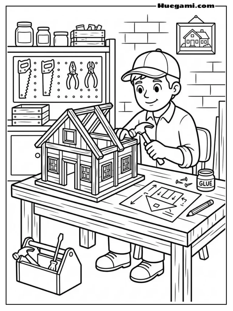 Carpenter Building A Wooden House Model Illustration