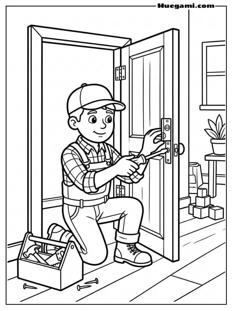 Carpenter Fixing A Door Illustration