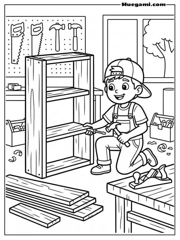 Carpenter Making A Bookshelf Illustration