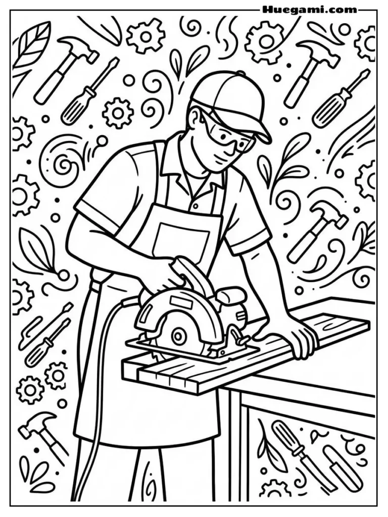 Carpenter Using Electric Saw Illustration
