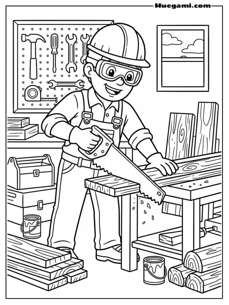 Carpenter With Saw And Safety Goggles Illustration