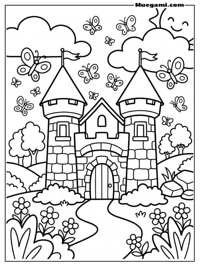 Printable Castle Coloring Sheets Kids Will Love 2 Castle With Butterflies Coloring Book Illustration