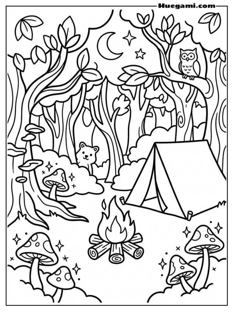Fun Camping Coloring Sheets to Print for Free 13 Children Relaxing On Sunny Campsite