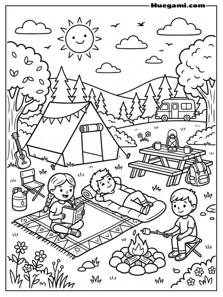 Fun Camping Coloring Sheets to Print for Free 14 Cozy Campfire In The Forest