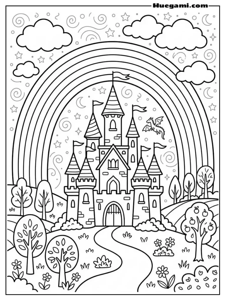 Printable Castle Coloring Sheets Kids Will Love 5 Fairy Castle With Rainbow Illustration
