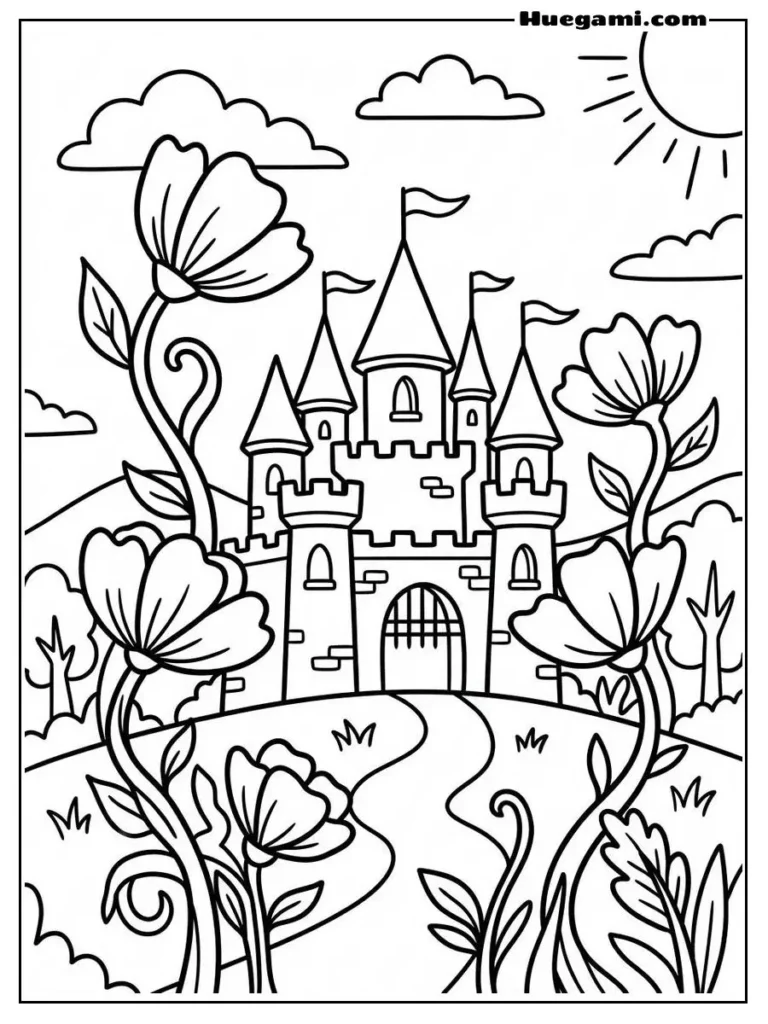 Printable Castle Coloring Sheets Kids Will Love 17 Fantasy Castle With Giant Flower Illustration