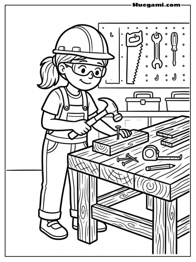Girl Carpenter At Workbench Illustration