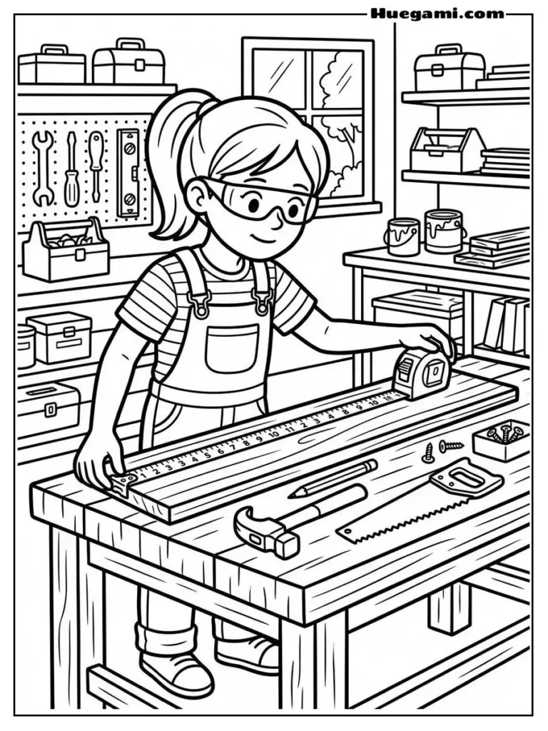 Girl Carpenter Measuring Wood Illustration