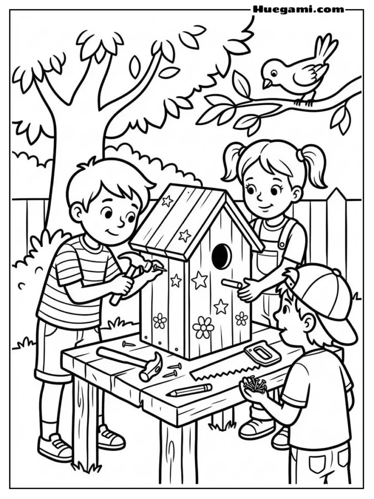 Kids Building A Birdhouse Illustration