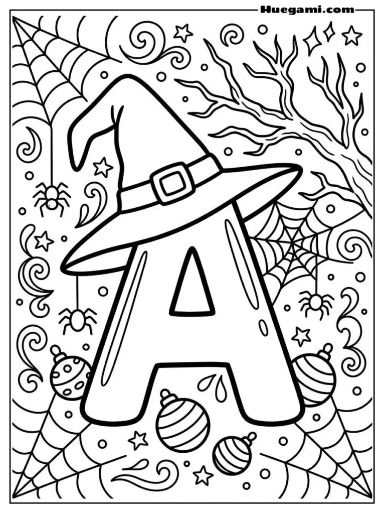 Free Printable Halloween Alphabet Coloring Sheets for Kids 2 Letter A Witch Hat Illustration